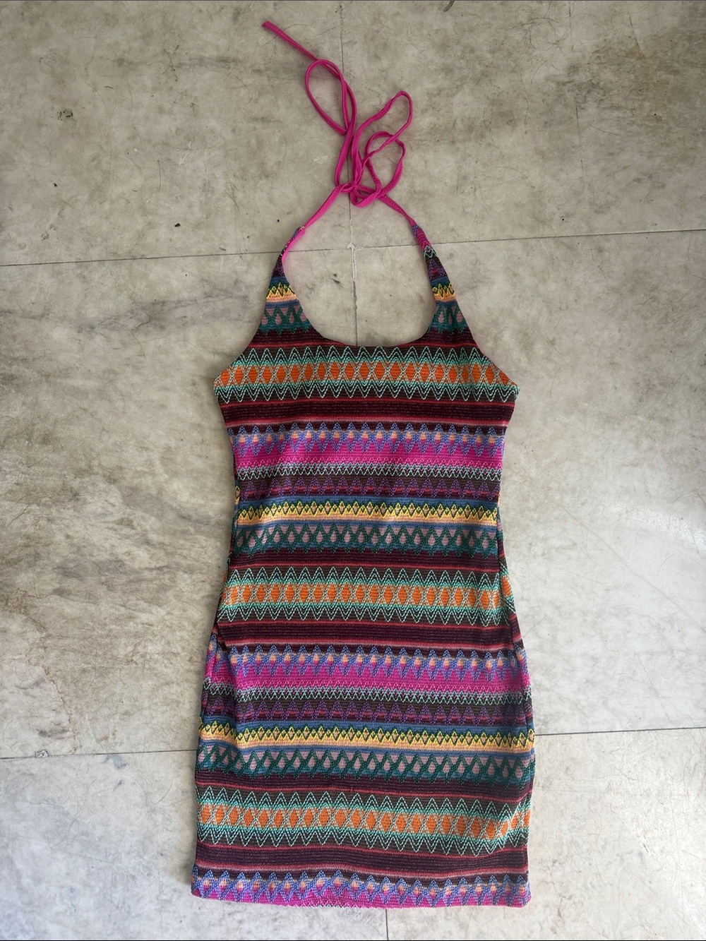 Knitted Chevron Print Halter Multicolor Mini Dress Boho Backless Bodycon Dress